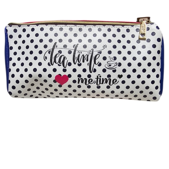 NICOLE LEE "Tea Time Me Time" Pink and Blue Cosmetic Bag w Handle - Picture 3 of 8